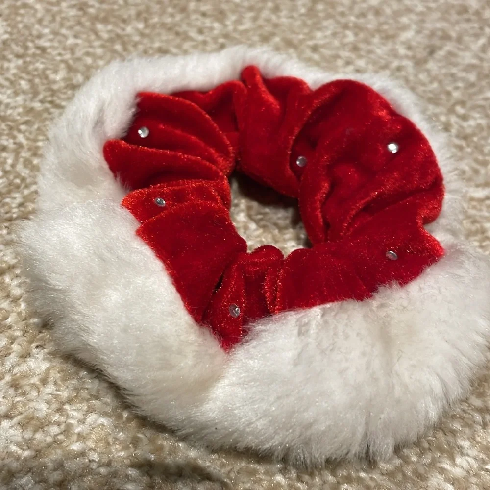 Red & White Santa Claus / Mrs. Claus Velvet Fur Trim Scrunchie With Rhinestones